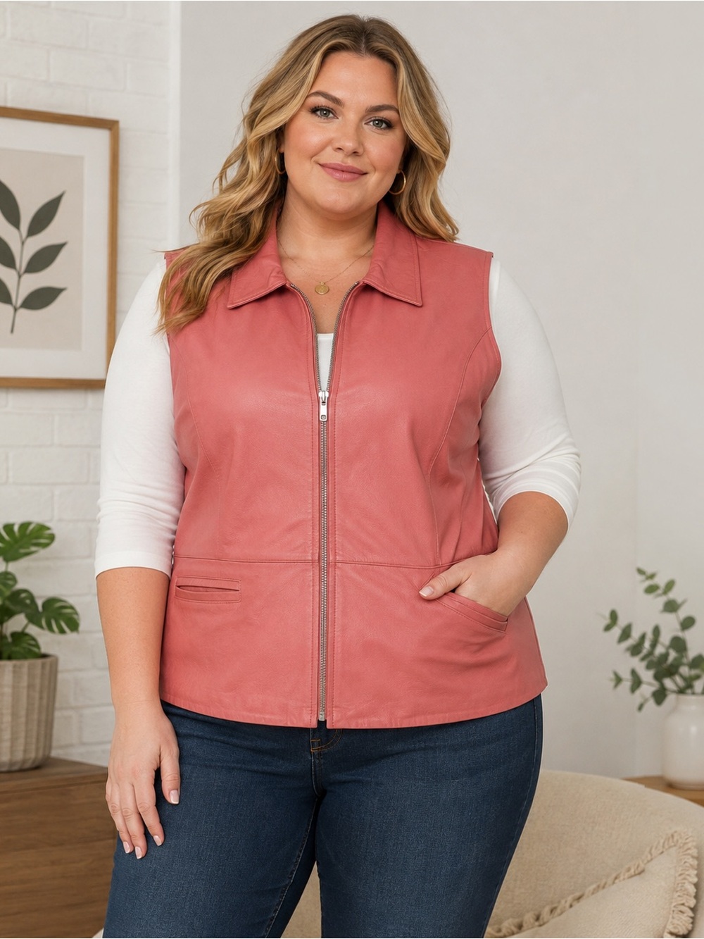 MetroStyle Rose Coral Genuine Leather Vest Y2K Full Zip Moto Utility Women’s 18